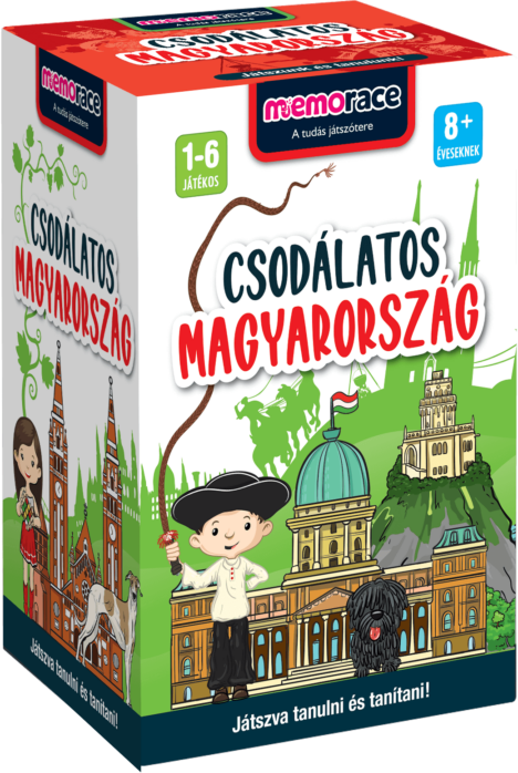 Egy társasjáték doboza, rajzfilm illusztrációkkal és szöveggel.