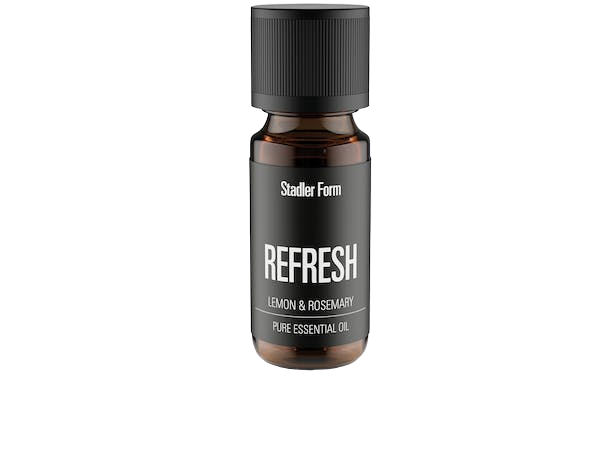 Kleine braune Glasflasche mit schwarzem Deckel. Text lautet 'REFRESH' und 'Lemon & Rosemary'.