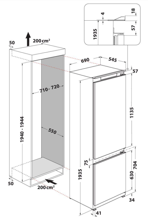 Hűtőszekrény diagramja, méretekkel és dimenziókkal, fehér háttérrel.