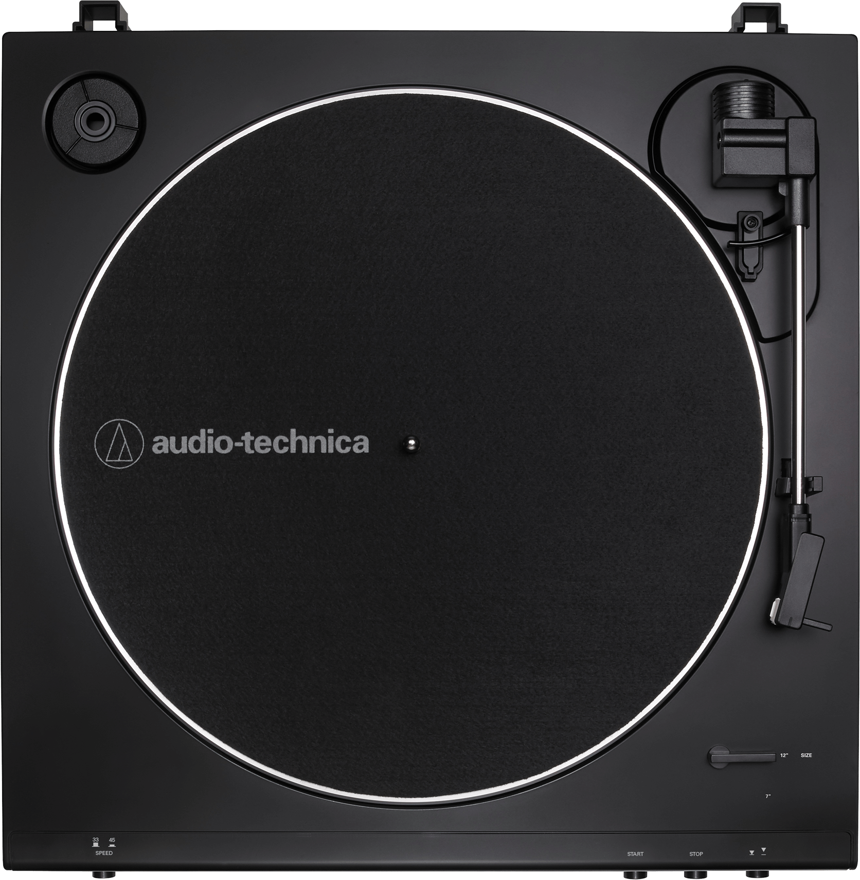 Fekete lemezjátszó fekete koronggal és fehér körvonallal, az audio-technica logóval.
