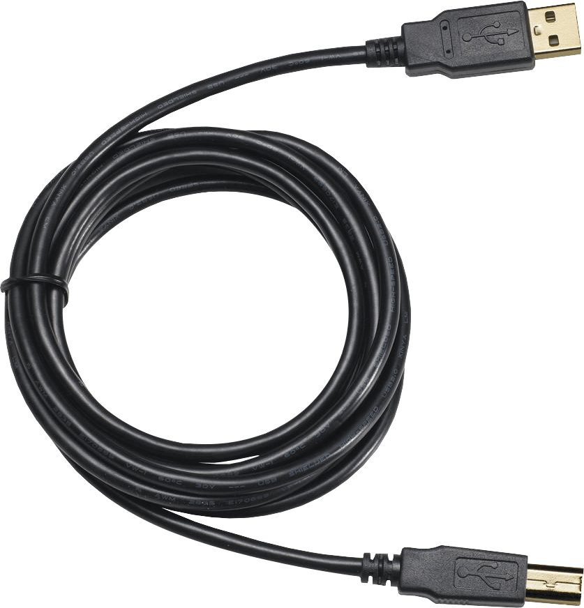 Fekete USB-kábel, feltekerve, két USB-csatlakozóval, fekete háttér előtt.
