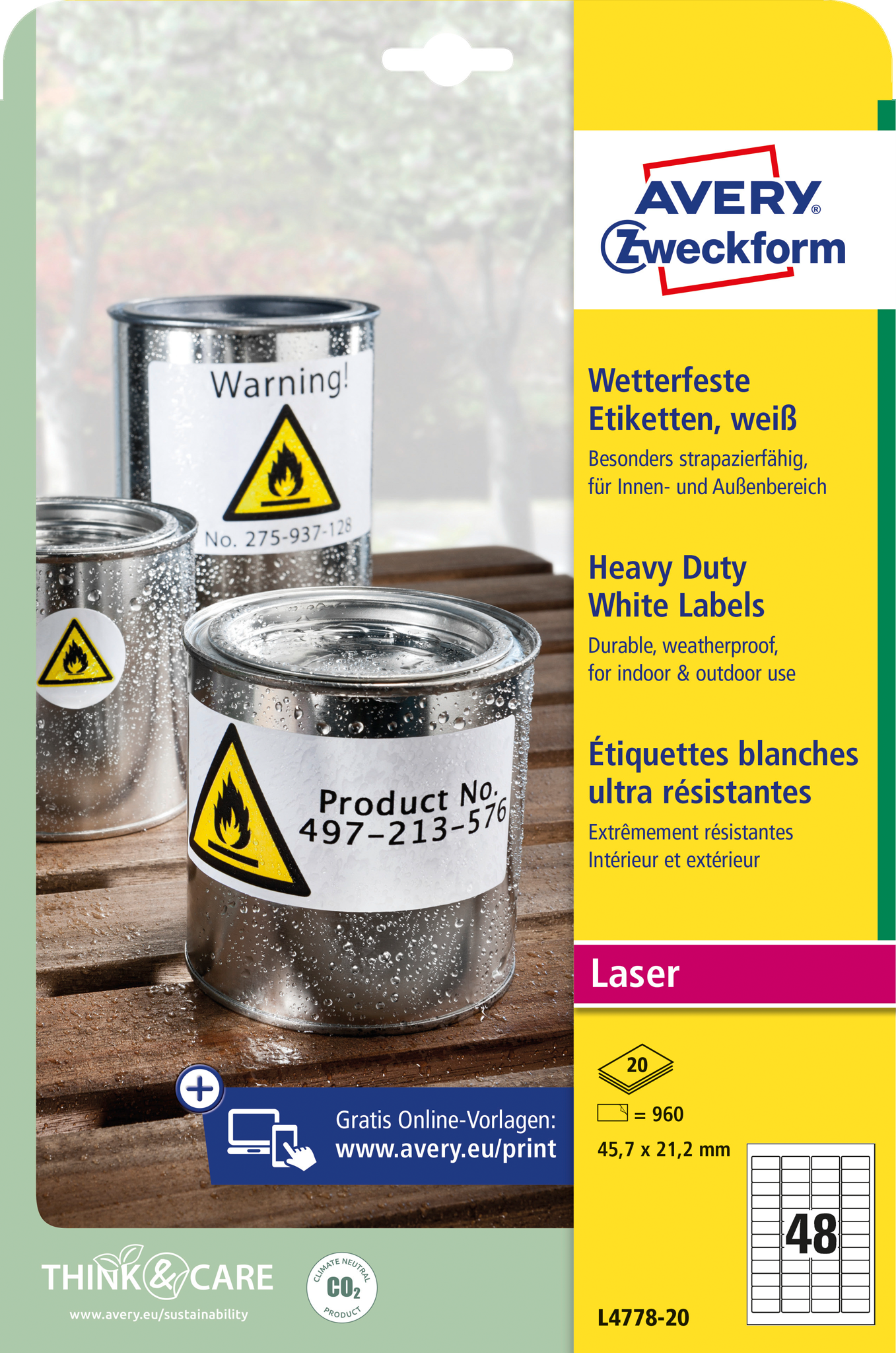AVERY ZWECKFORM Wetterfeste Folien-Etiketten, 45.7 x 21.2 mm,20 Bogen/960 Etiketten, weiß (L4778-20)