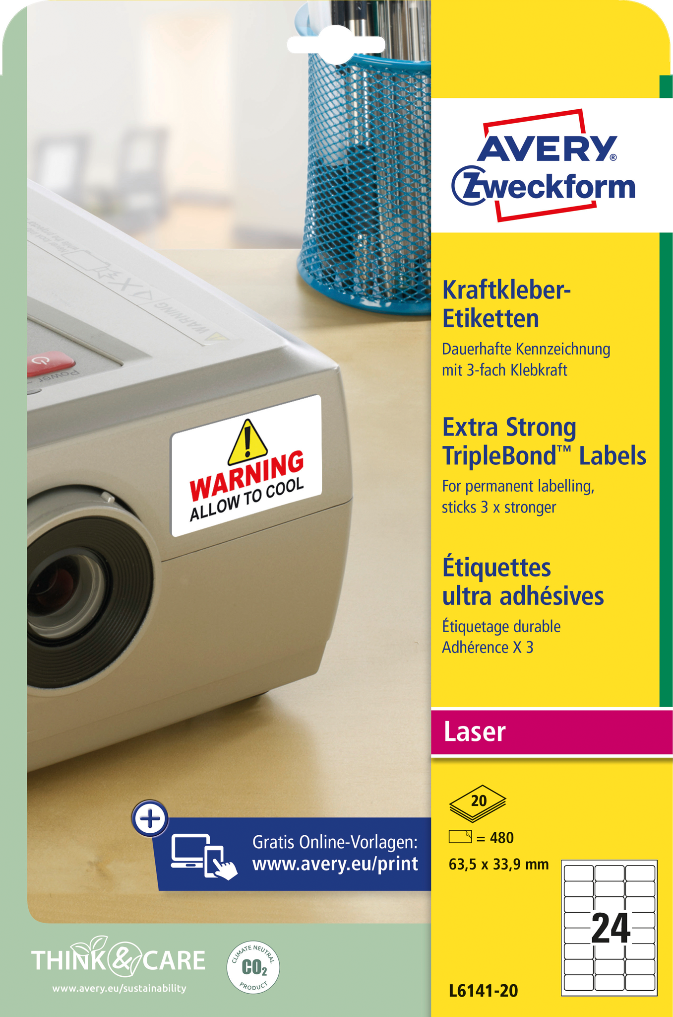 Avery Zweckform Etikettenpackung, mit einem Warnhinweis auf einem Projektor angebracht.