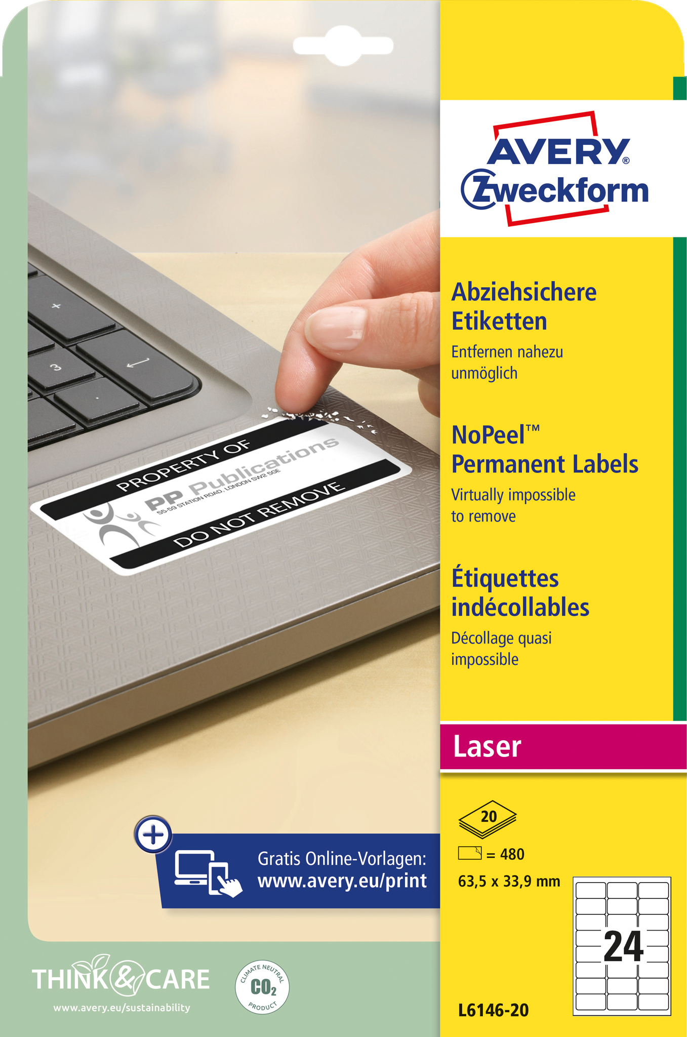 Eine Hand zieht ein Etikett von einem Laptop ab. Auf dem Etikett steht 'Property of PP Publications'. Avery-Etiketten rechts.