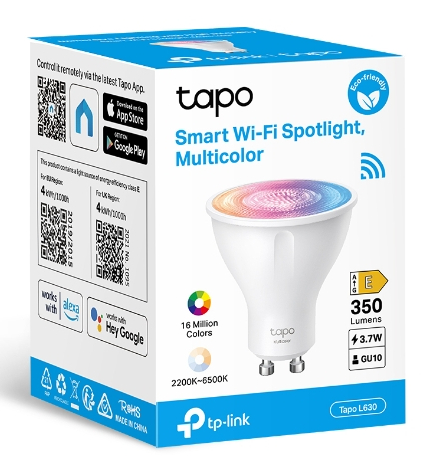 Pudełko reflektora Wi-Fi Smart z wielokolorową grafiką żarówki i szczegółami produktu.