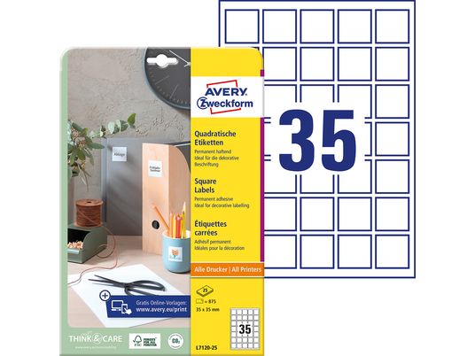 AVERY ZWECKFORM Quadratische Etiketten, 35 x 35 mm, L7120-25
