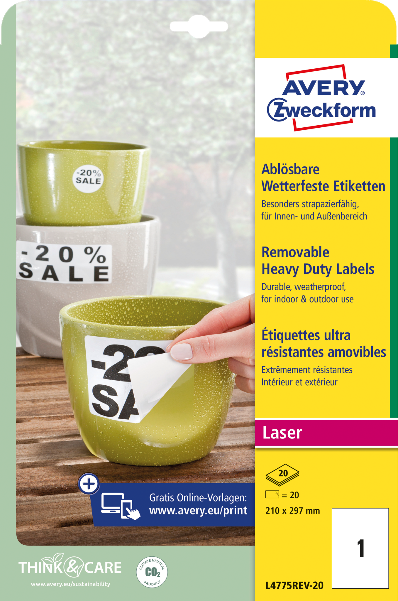 Grüne Töpfe mit -20% Sale-Etiketten und eine Hand, die ein Etikett abzieht.