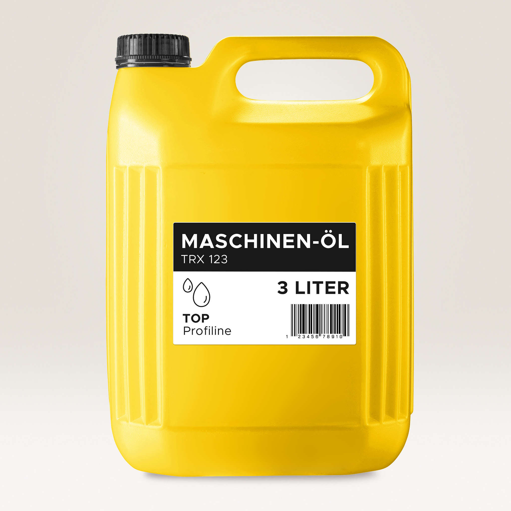 Gelber Kunststoffbehälter mit der Aufschrift 'MASCHINEN-ÖL TRX 123 3 LITER' mit schwarzem Deckel.