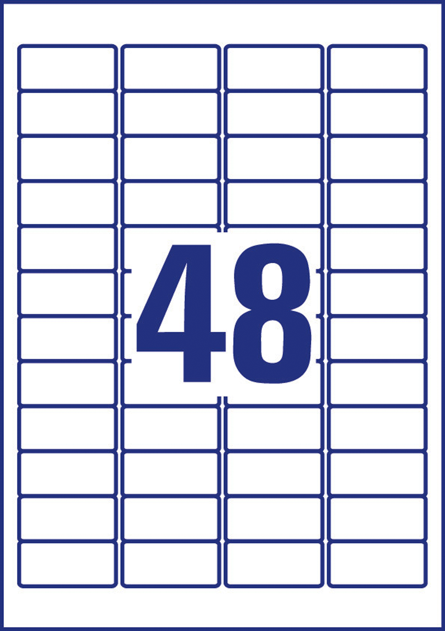 Ein Blatt mit 48 leeren Etiketten mit blauen Rändern.