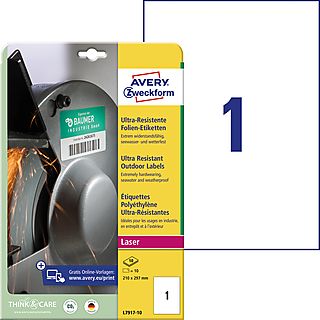 AVERY ZWECKFORM Ultra-Resistente Folien-Etiketten, 210 x 297 mm,10 Bogen/10 Etiketten,weiß(L7917-10)