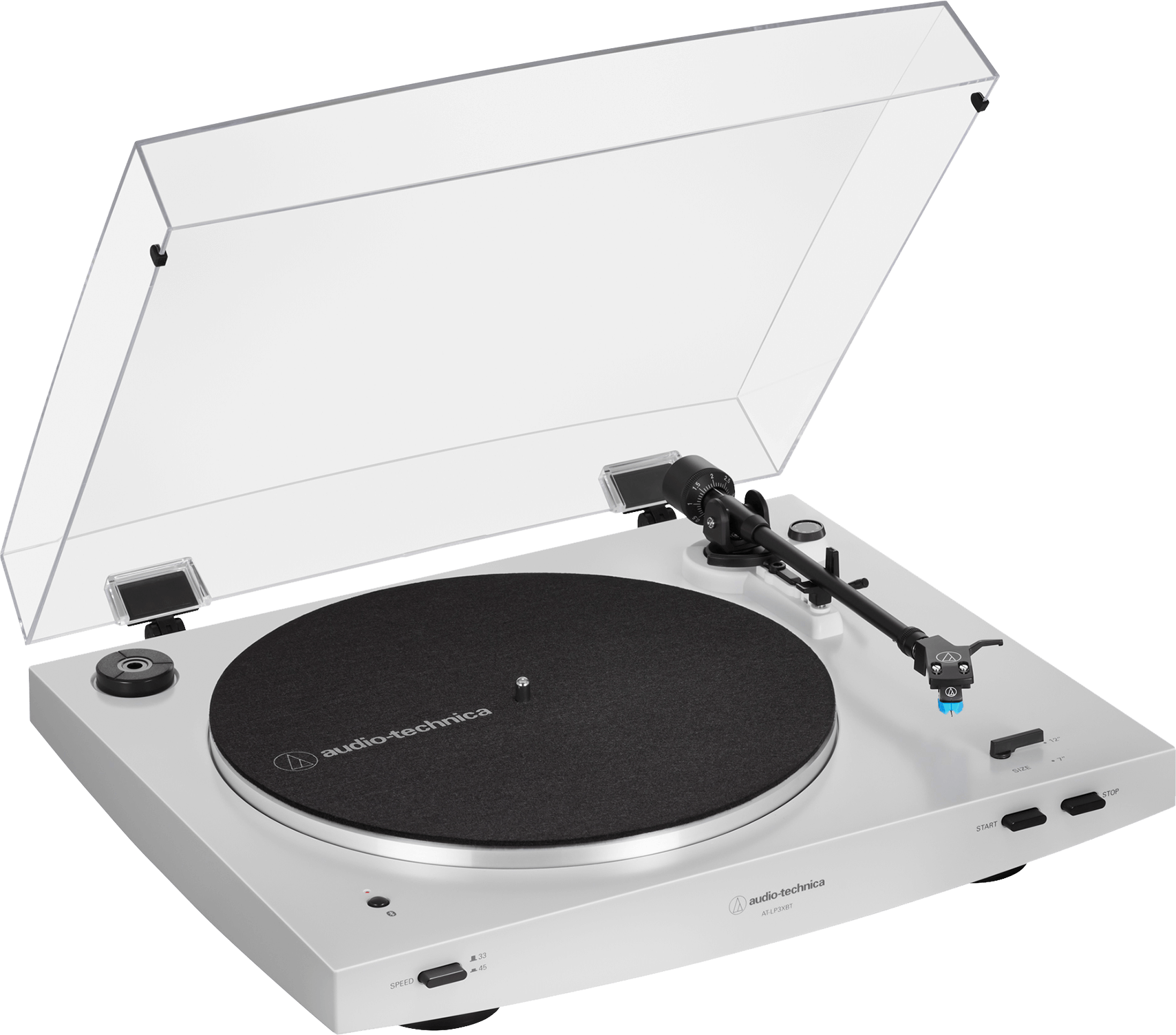 Ezüst lemezjátszó fekete bakelitlemezzel. A márka: audio-technica.