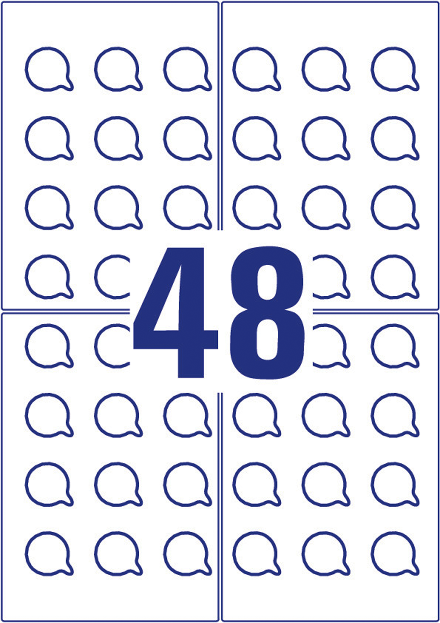 Vier Quadrate, jedes mit 12 Sprechblasen in Blau. Eine große 48 steht in der Mitte im selben Blau.