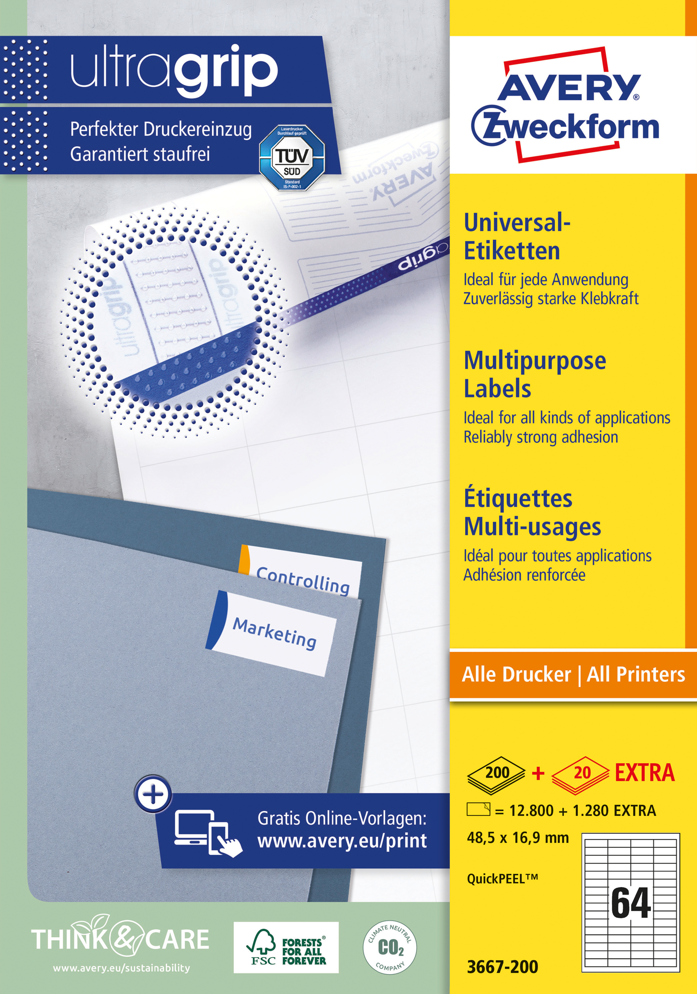 Avery Zweckform Etiketten. Blaue und weiße Verpackung mit Text, Etiketten und Logos. Enthält die Wörter 'ultragrip' und 'Marketing'.