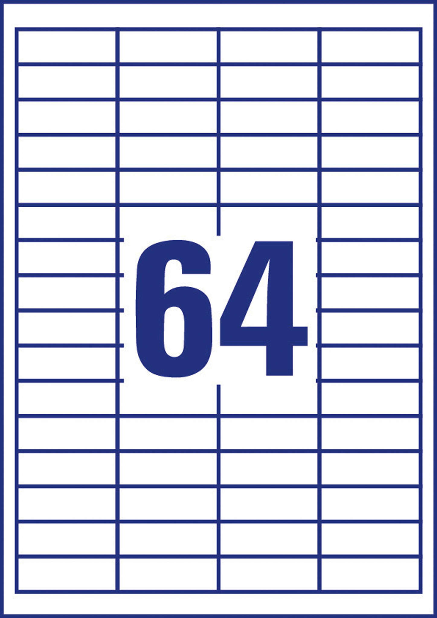 Ein Blatt Etiketten mit blauem Raster. In der Mitte steht die Zahl 64 in großer blauer Schrift.