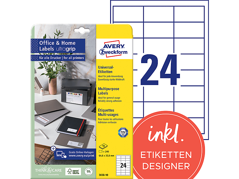 AVERY ZWECKFORM Etiketten, Home Office, Kleinpackung, 64,6 x 33,8 mm, 3658-10