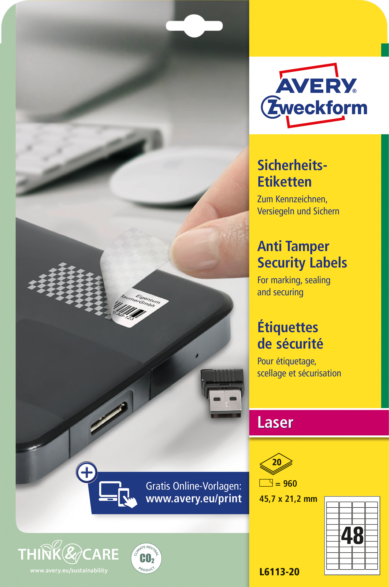AVERY ZWECKFORM Sicherheits-Etiketten, 45,7 x 21,2 mm, L6113-20