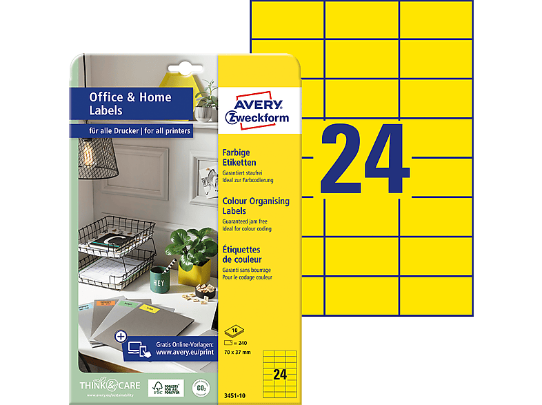 AVERY ZWECKFORM Farbige Etiketten, Home Office, Kleinpackung, 70 x 37 mm, 3451-10