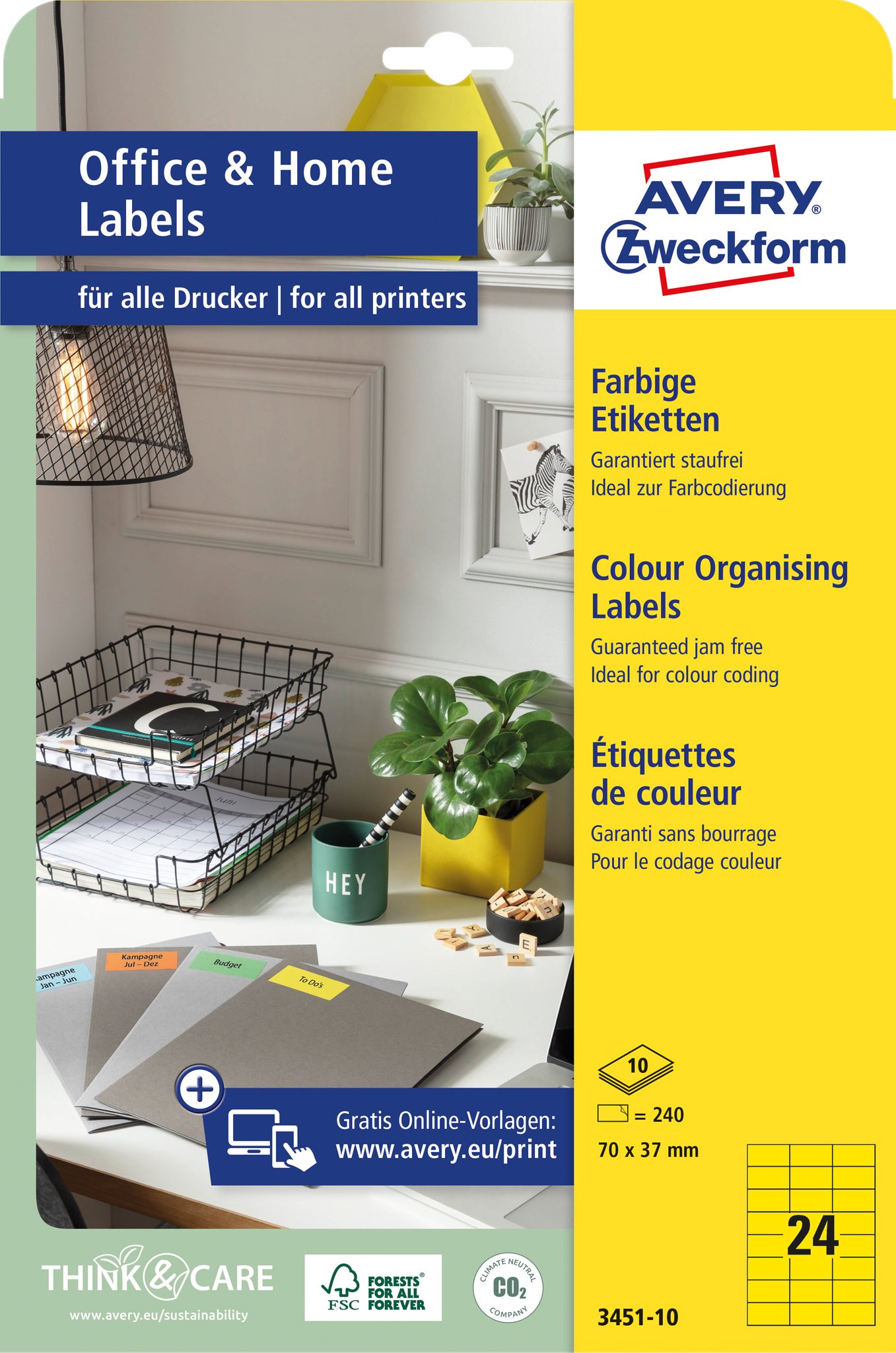 AVERY ZWECKFORM Farbige Etiketten, Home Office, Kleinpackung, 70 x 37 mm, 3451-10