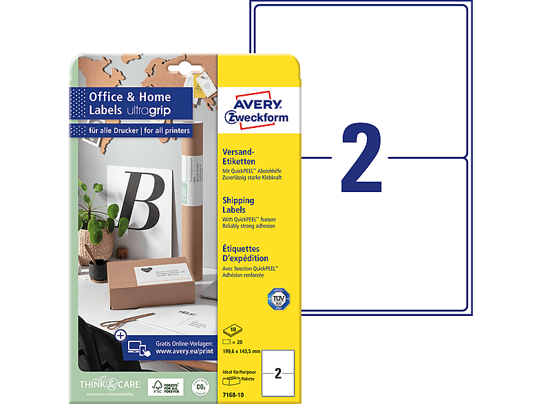 AVERY ZWECKFORM Versand-Etiketten, Home Office, Kleinpackung, 199,6 x 143,5 mm, 7168-10