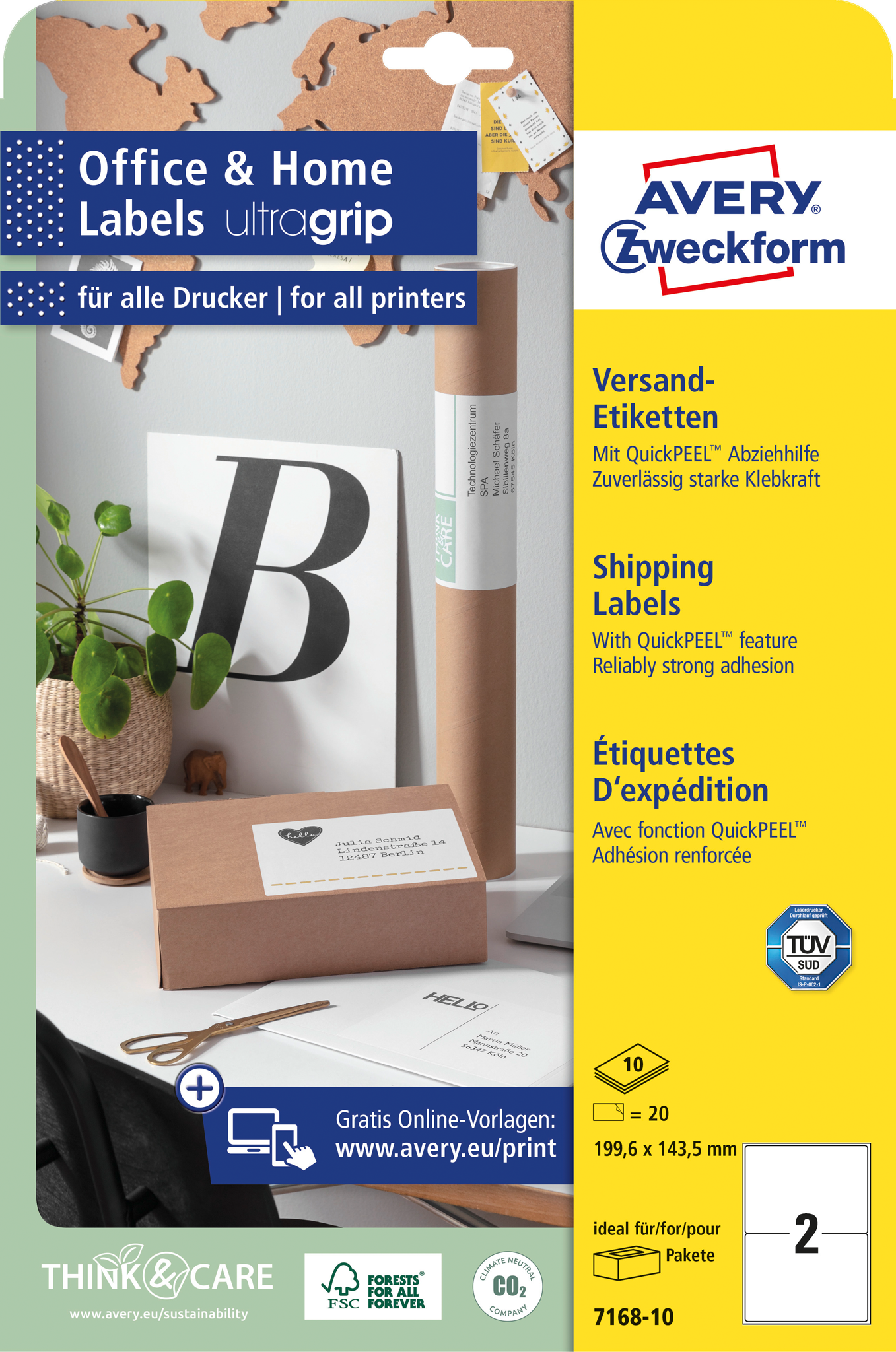Produktaufnahme: Avery-Etiketten, Pflanze, Karton mit Adressetikett und ein großes 'B' auf weißem Hintergrund.