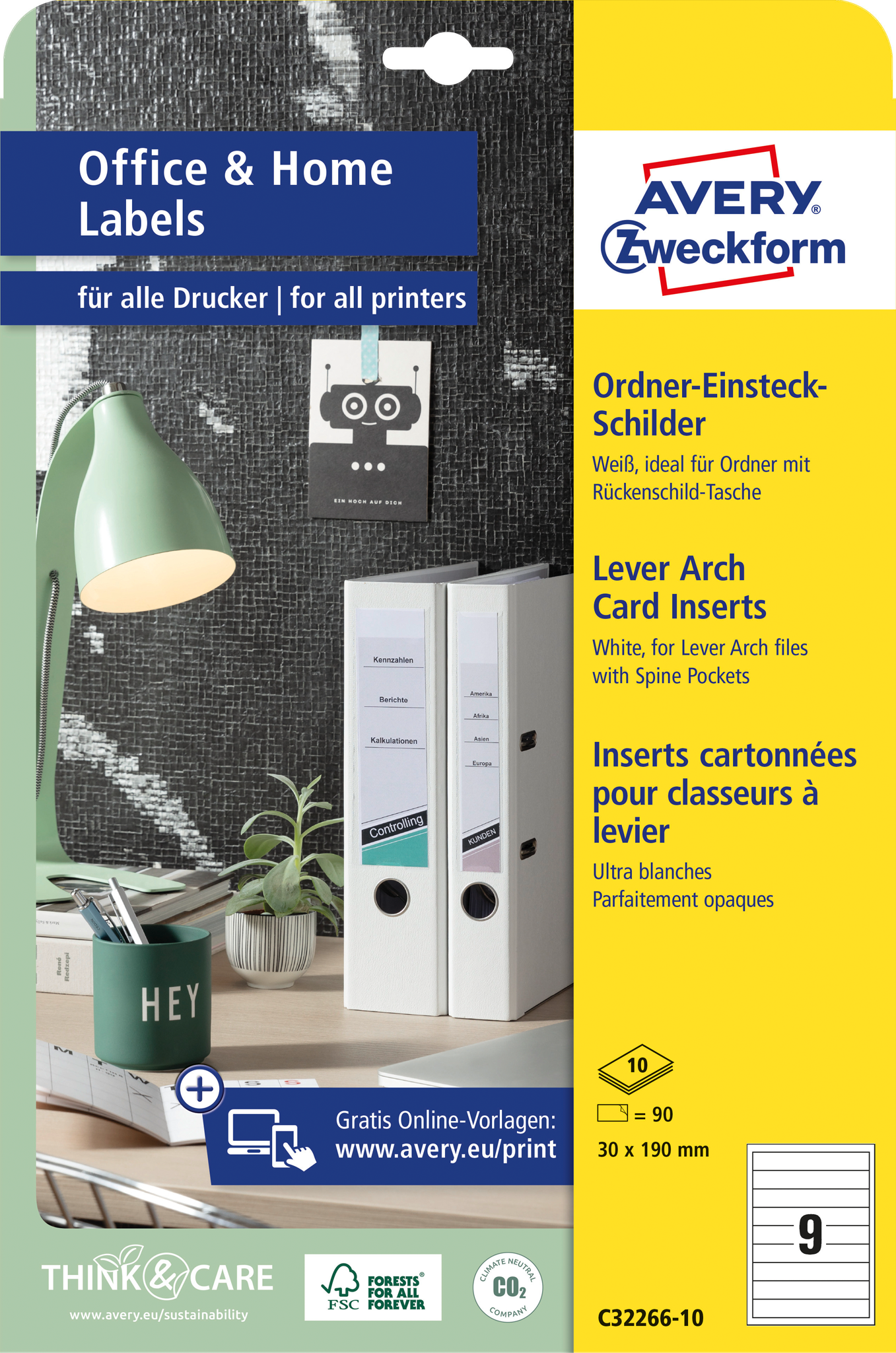 Produktverpackung für Avery-Etiketten, mit Ordnern und einer Schreibtischlampe. Enthält Text auf Deutsch und Englisch.