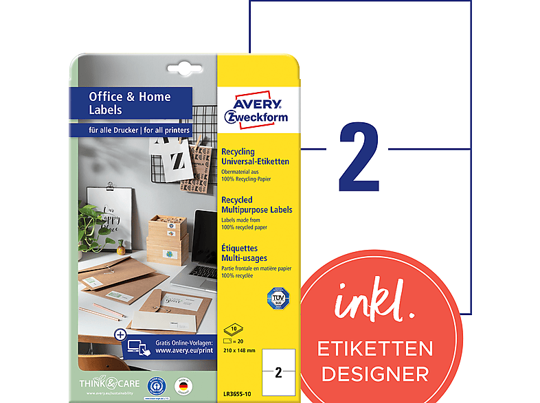 AVERY ZWECKFORM Recycling Etiketten, Home Office, Kleinpackung, 210 x 148 mm, LR3655-10