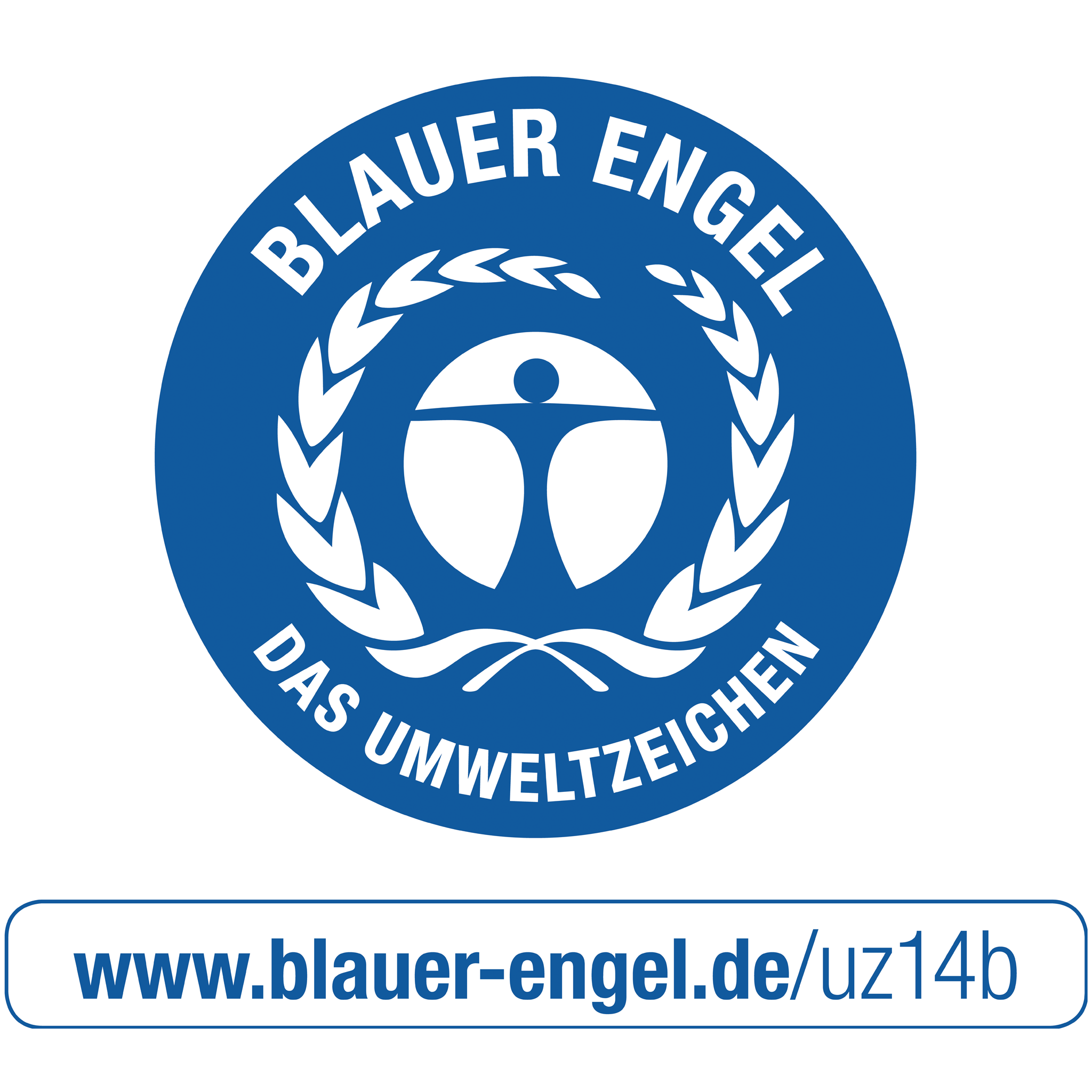 Das Logo „Blauer Engel“ in einem blauen Kreis mit Text, einer menschenähnlichen Figur und einer Website-Adresse.
