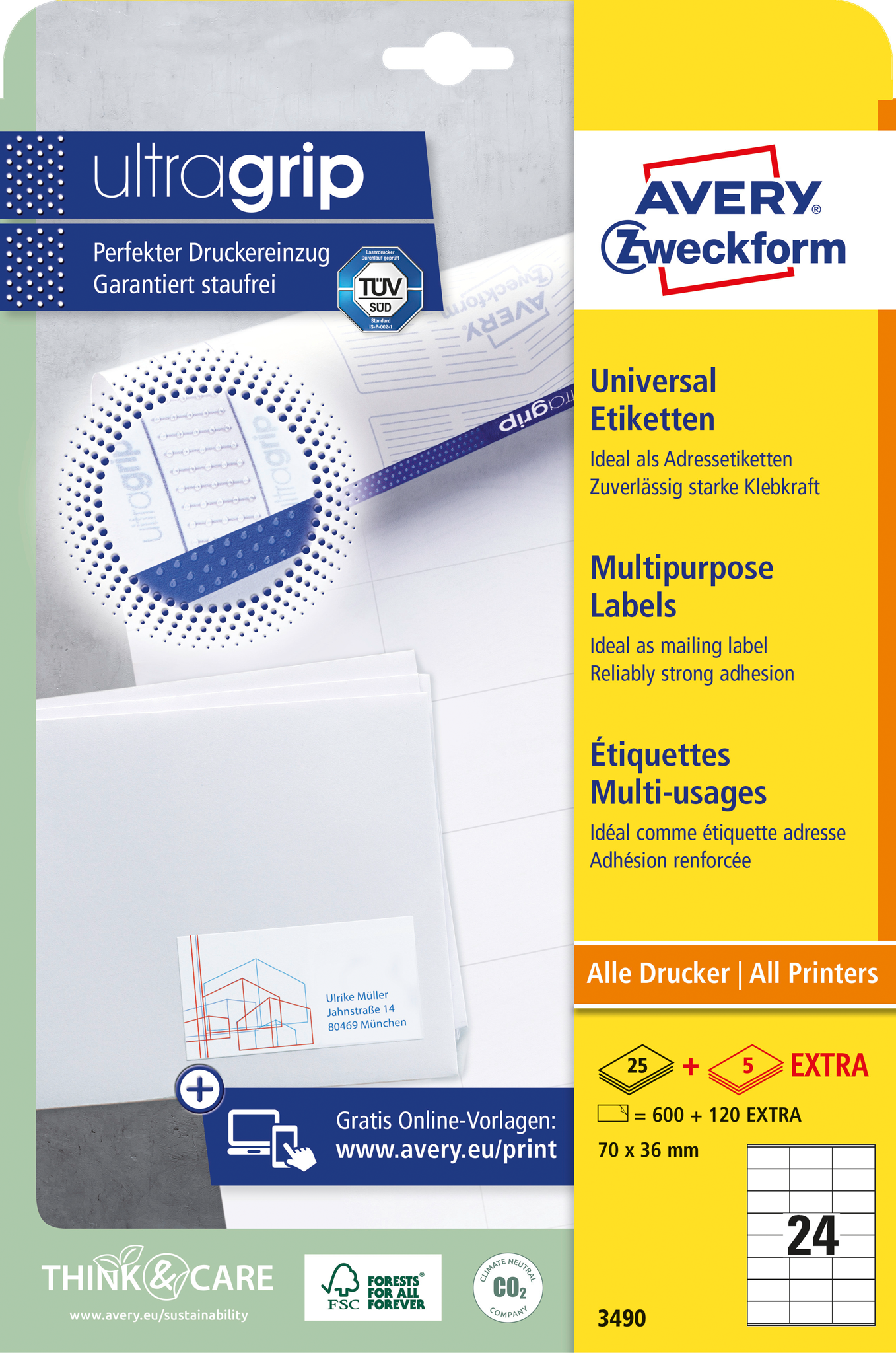 Verpackung von Avery-Etiketten. Text 'Universal Etiketten' und 'Alle Drucker | All Printers'.