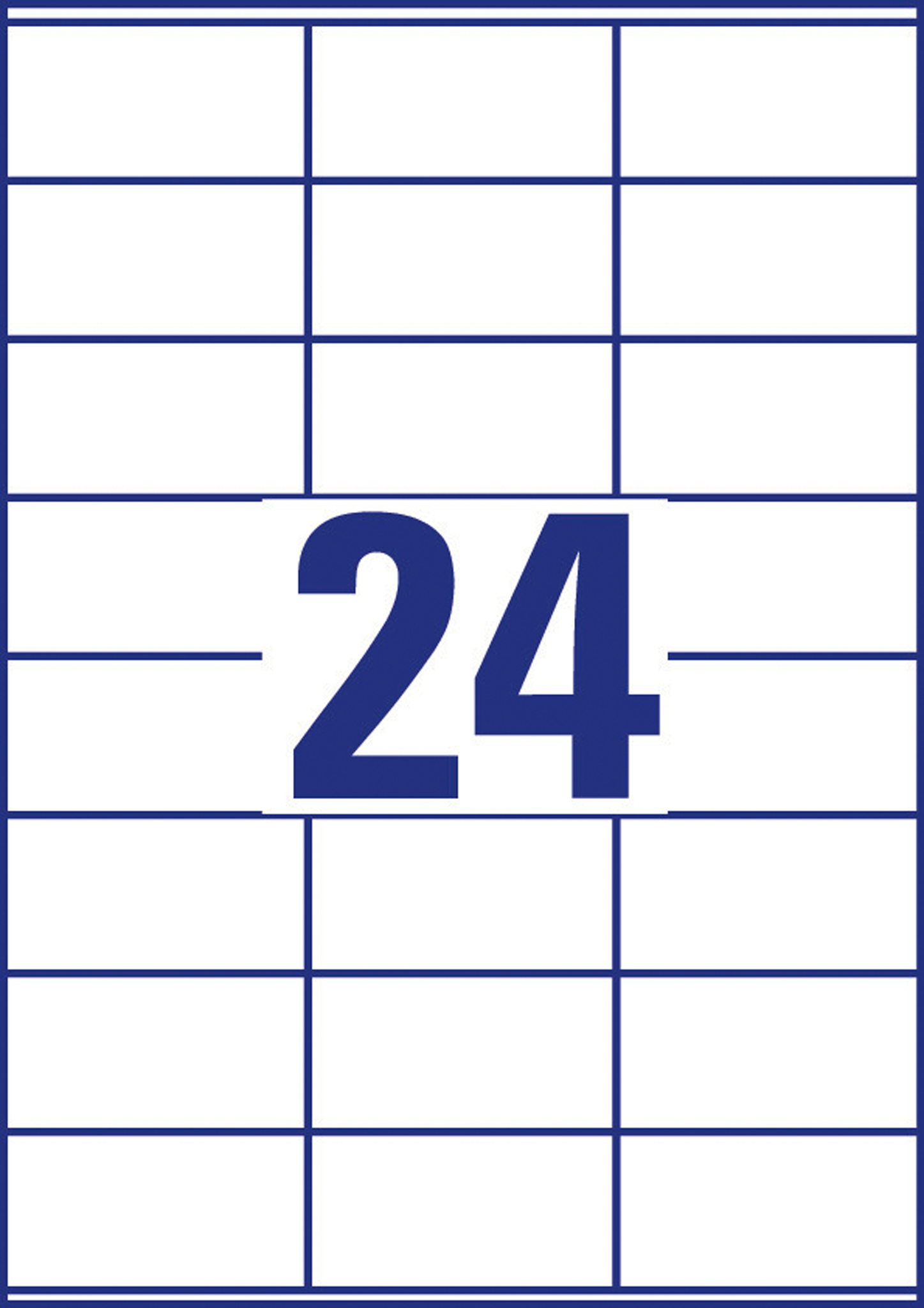 Weißes Blatt mit Raster von 24 rechteckigen Etiketten, große blaue Zahl 24 in der Mitte.