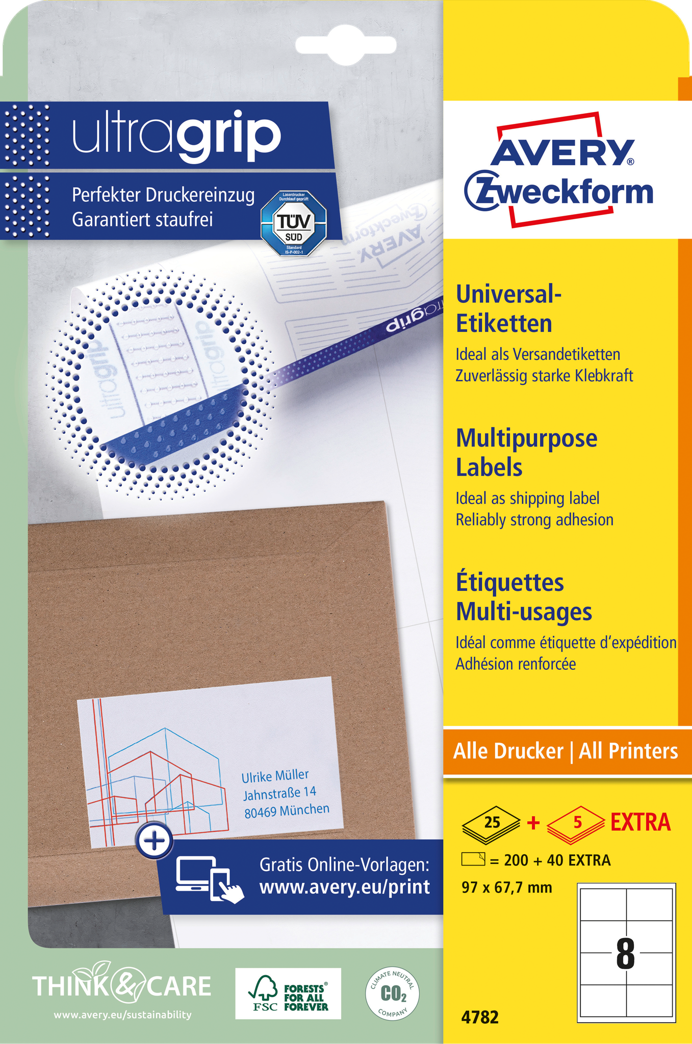 Verpackung mit Etiketten und einem Umschlag. Text enthält 'Universal Etiketten' und 'Multipurpose Labels'.