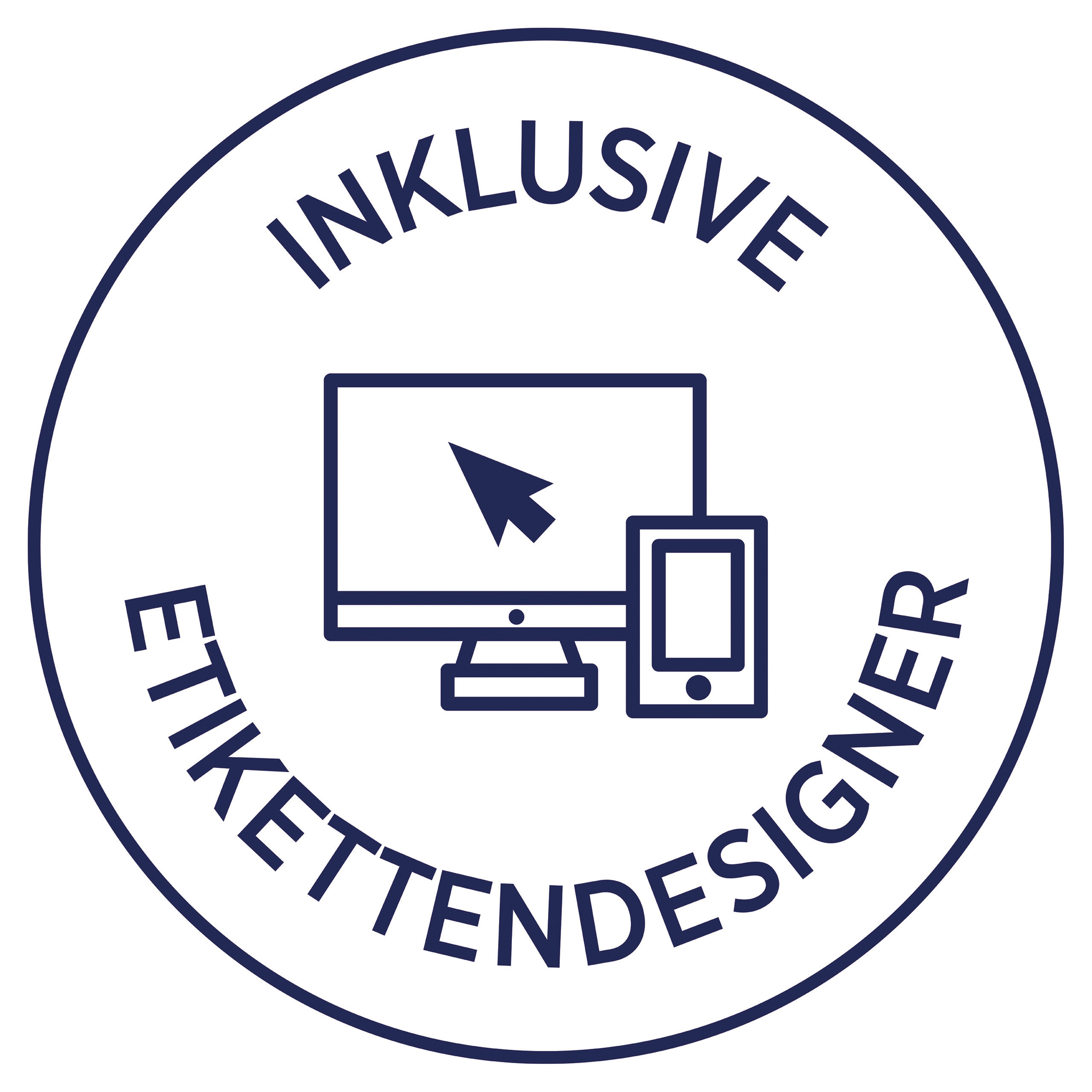 Ein blaues rundes Abzeichen mit dem Text 'INKLUSIVE ETIKETTEN DESIGNER' und einem Computer- und Tablet-Symbol.