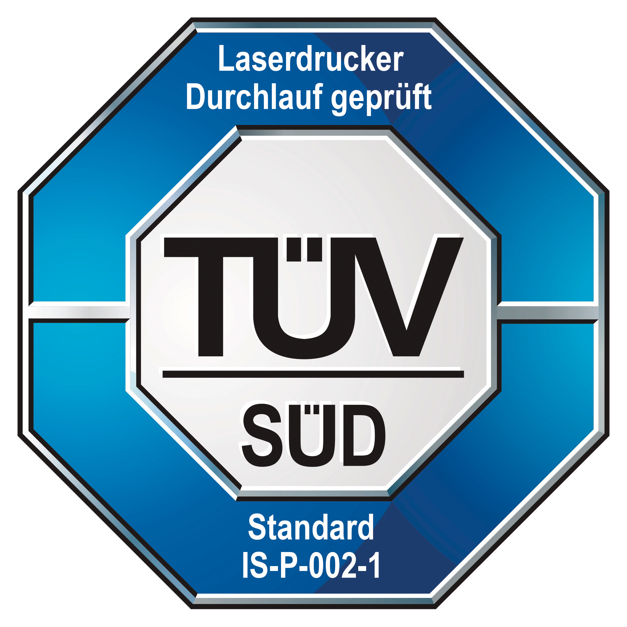 Blaues und weißes TÜV SÜD-Label mit Text: Laser Drucker Durchlauf geprüft.