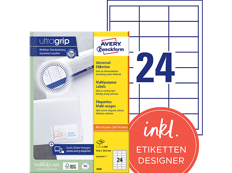 AVERY ZWECKFORM Universal-Etiketten, ultragrip, 64,6 x 33,8 mm,100 Bogen/2.400 Etiketten,weiß (3658)