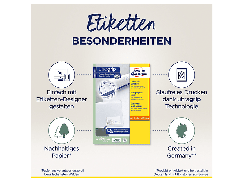 AVERY ZWECKFORM Universal-Etiketten, ultragrip, 64,6 x 33,8 mm,100 Bogen/2.400 Etiketten,weiß (3658) — Foto 4 von 5