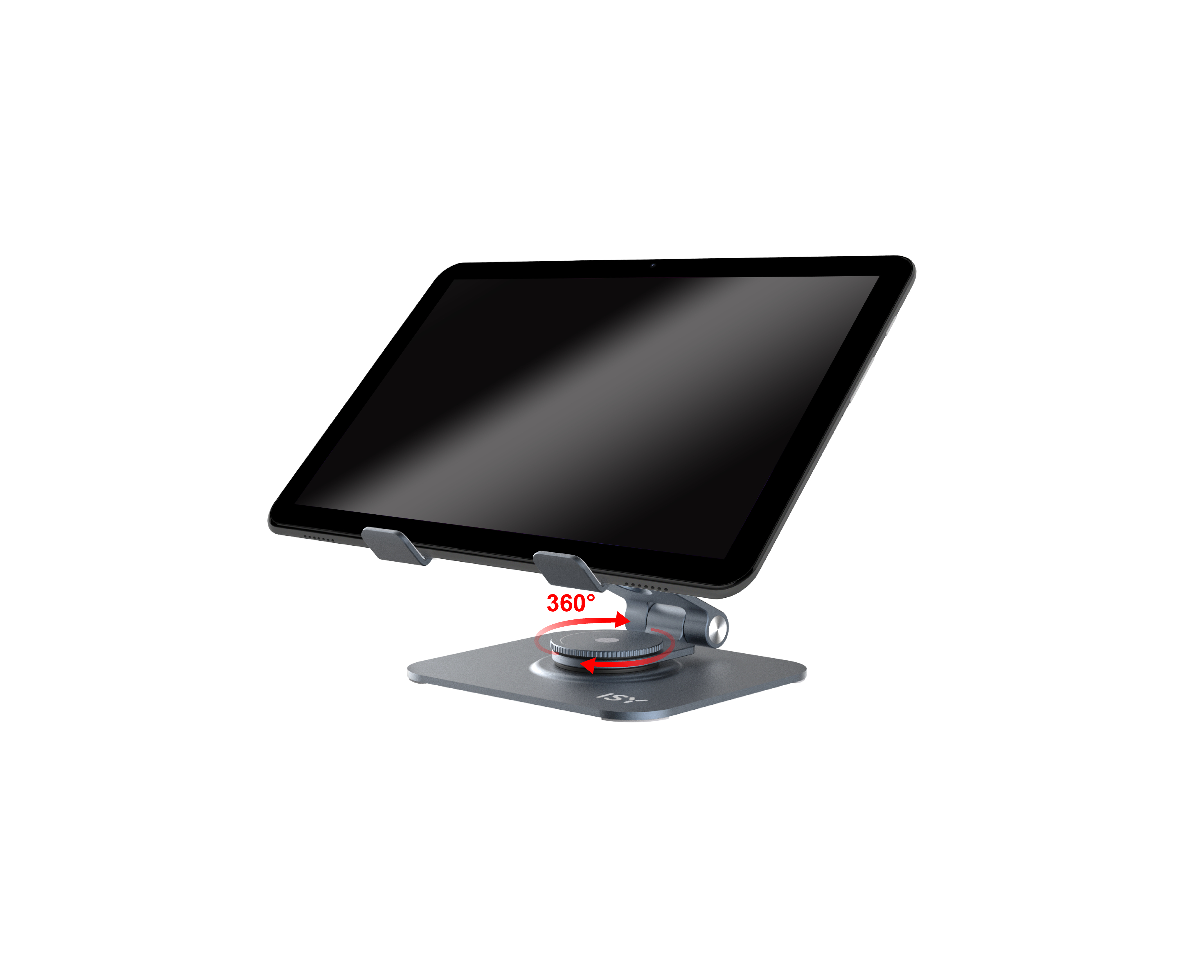 Tablet auf einem um 360 Grad drehbaren Ständer montiert. Der Bildschirm des Tablets ist schwarz. Der Ständer ist grau.