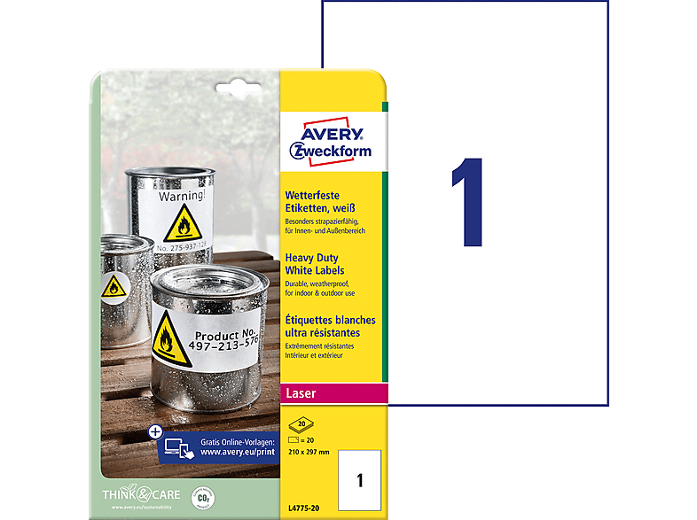 AVERY ZWECKFORM Wetterfeste Folien-Etiketten, 210 x 297 mm, L4775-20