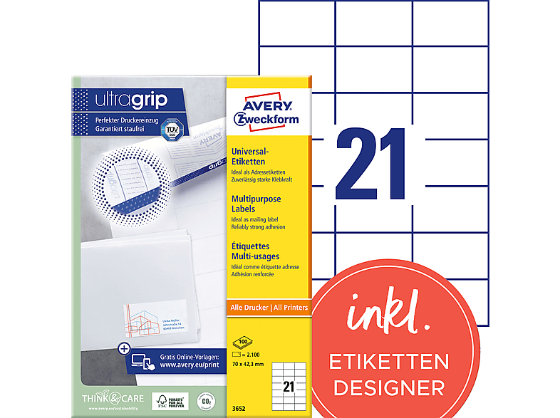 AVERY ZWECKFORM Universal-Etiketten, ultragrip, 70 x 42,3 mm,100 Bogen/2.100 Etiketten, weiß (3652)