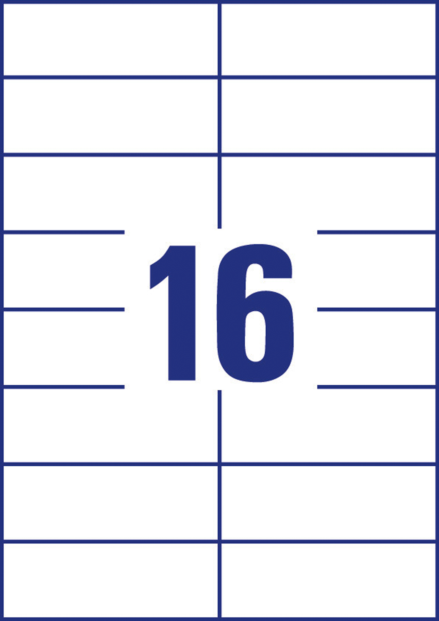 Ein Bogen Etiketten mit 16 Rechtecken und der Zahl 16 in der Mitte.