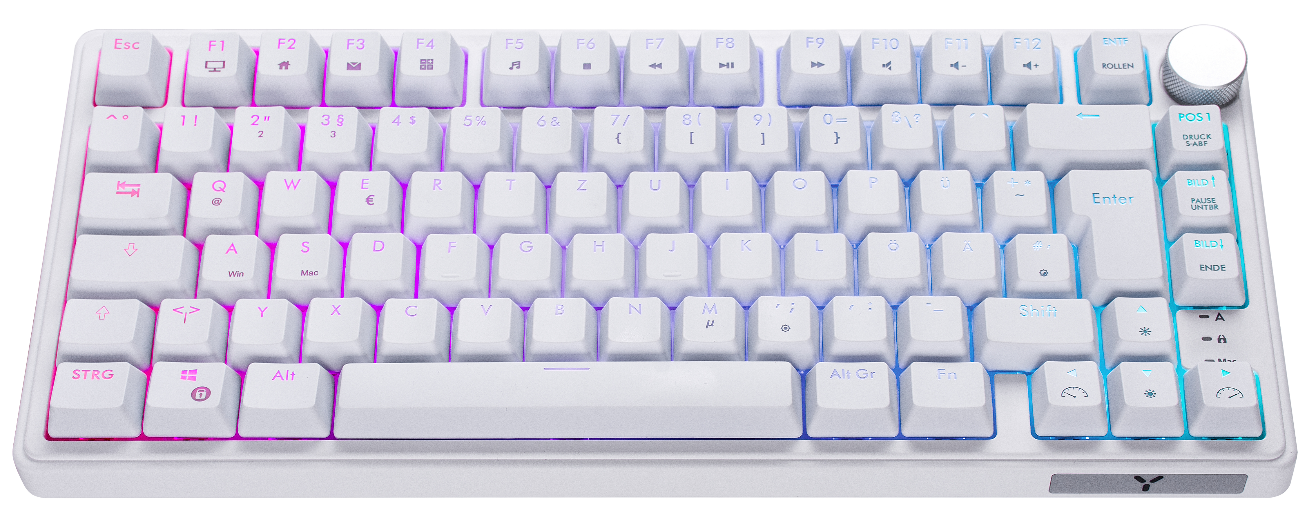 Weiße Tastatur mit beleuchteten Tasten, verschiedene Farben an den Seiten.