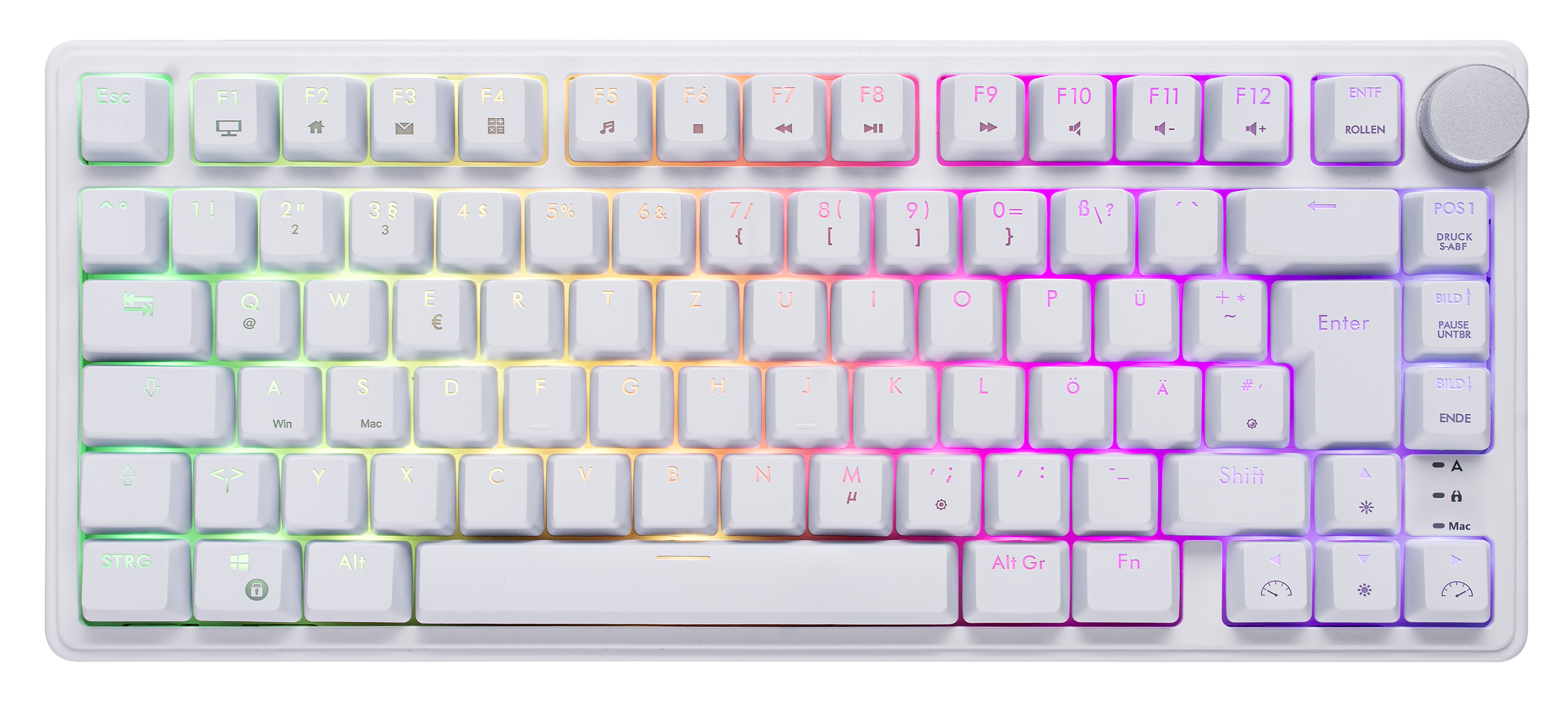 Weiße Tastatur mit farbigen, hintergrundbeleuchteten Tasten. Die Tasten sind mit Buchstaben, Zahlen und Symbolen beschriftet.