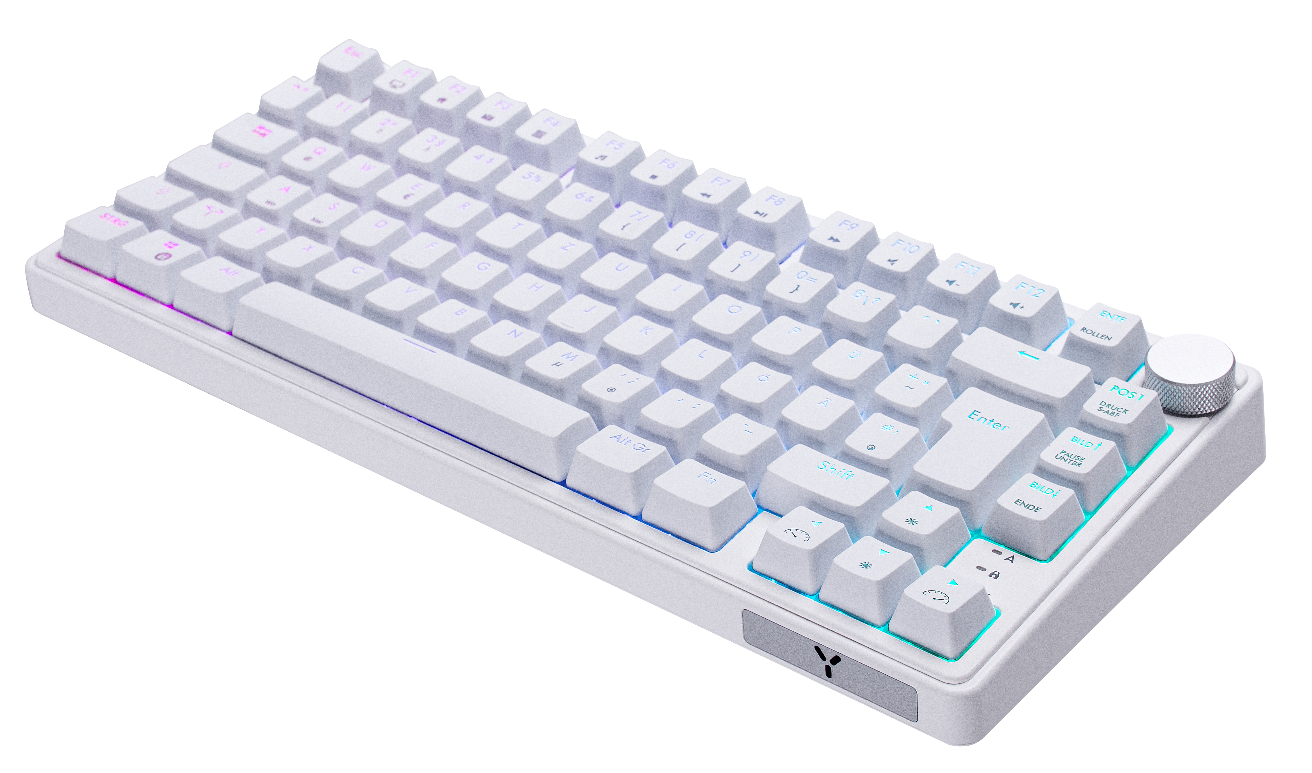 Eine weiße mechanische Tastatur mit bunter Tastenbeleuchtung.