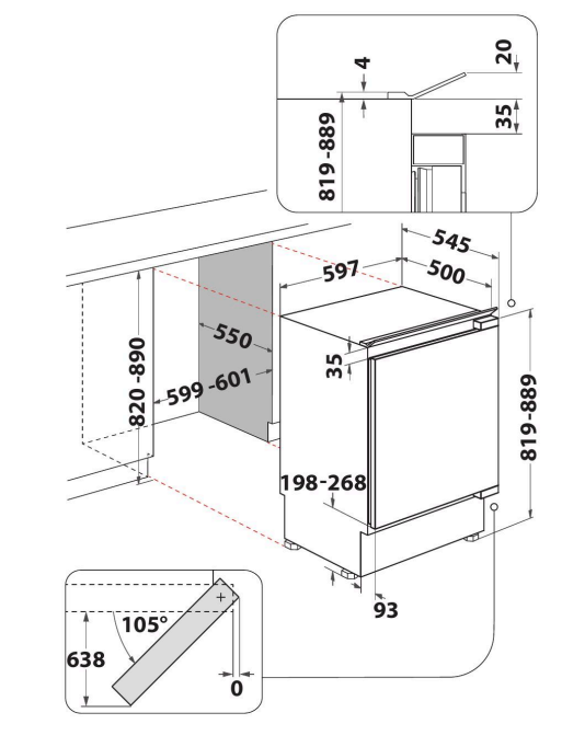 Beépített sütő diagramja méretekkel, a beépítési méreteket mutatja.