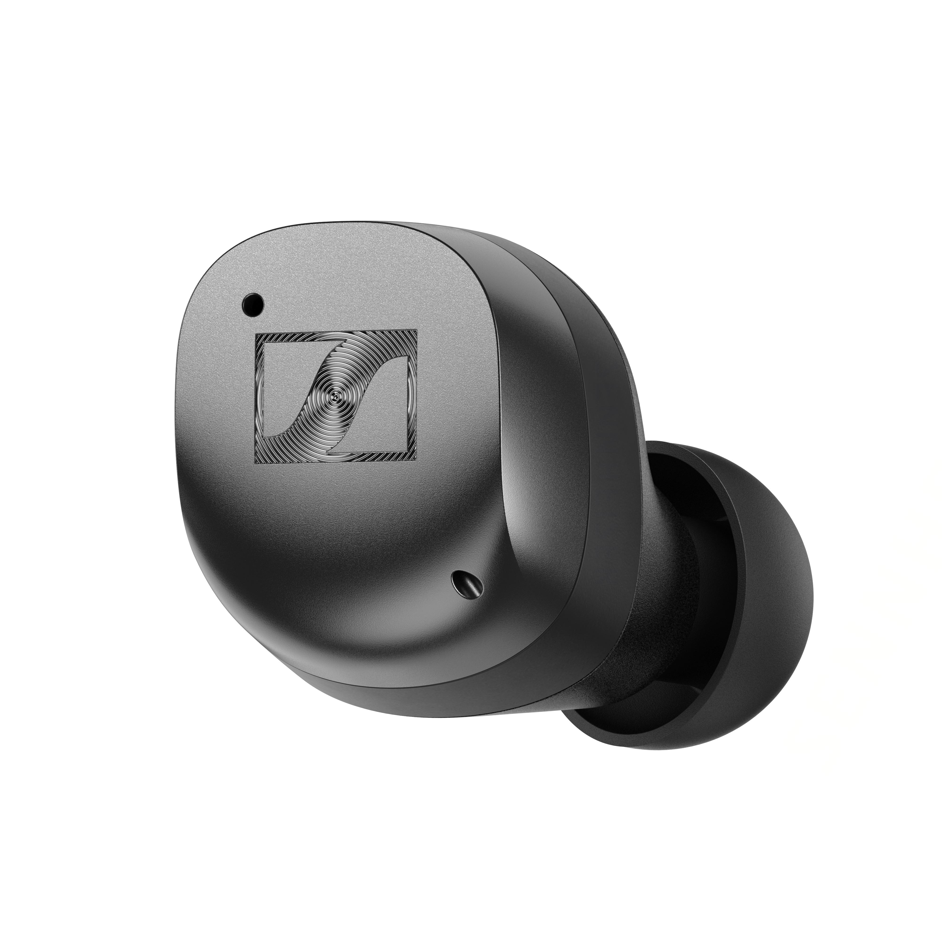 Ein schwarzer Sennheiser-Ohrhörer. Es ist eine Nahaufnahme, die Designdetails zeigt.