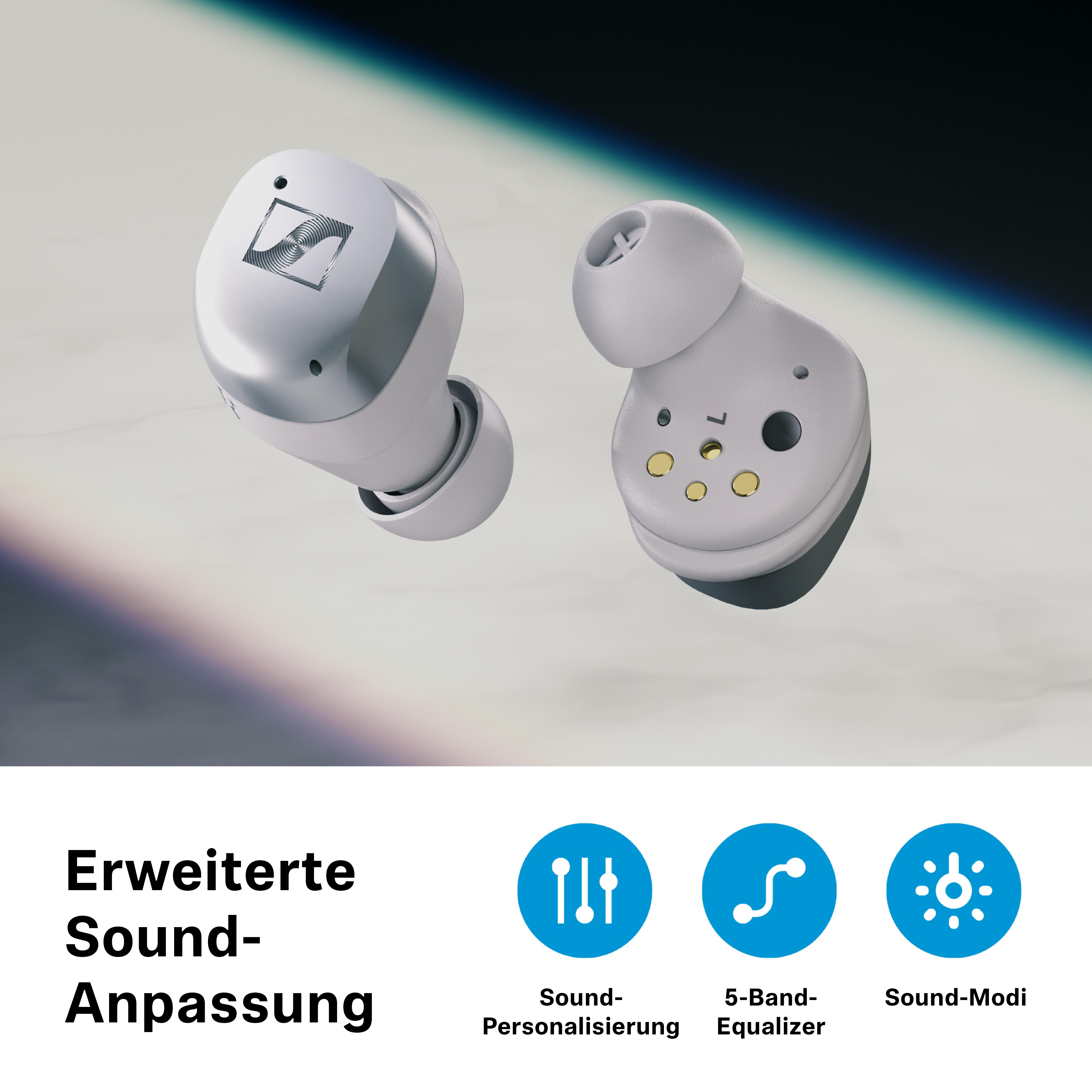Zwei weiße Ohrhörer mit weißem Hintergrund und Grafiken.