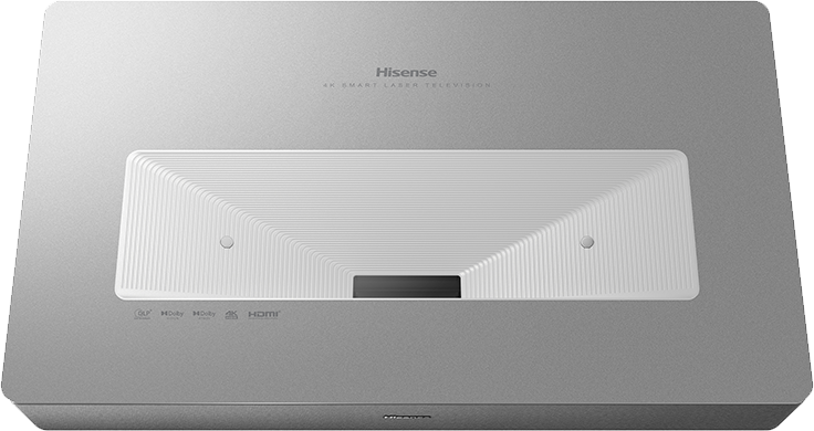 Egy ezüst Hisense 4K Smart Laser TV. Fehér, mintázott vetítőrész van rajta, szürke felületen.