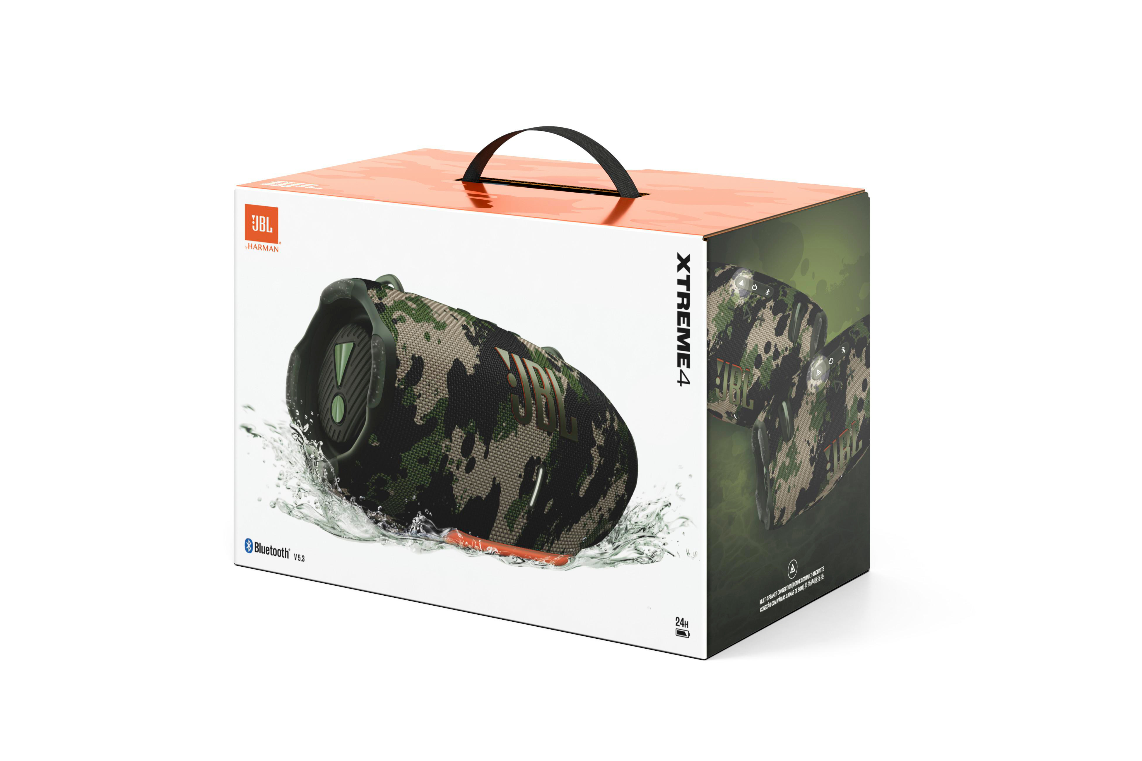 JBL Xtreme 4 Lautsprecherbox mit Tarnmuster auf weißem Hintergrund.