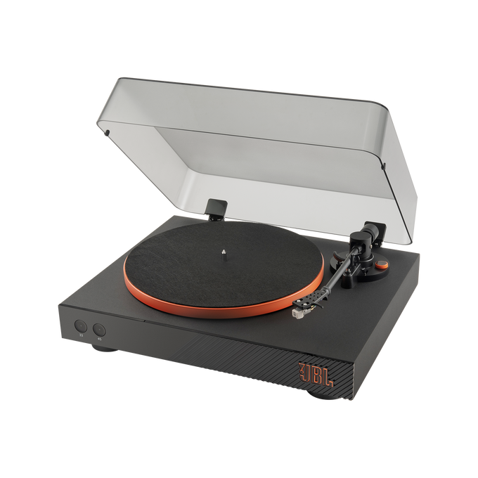 Un tocadiscos JBL negro con un acento naranja.