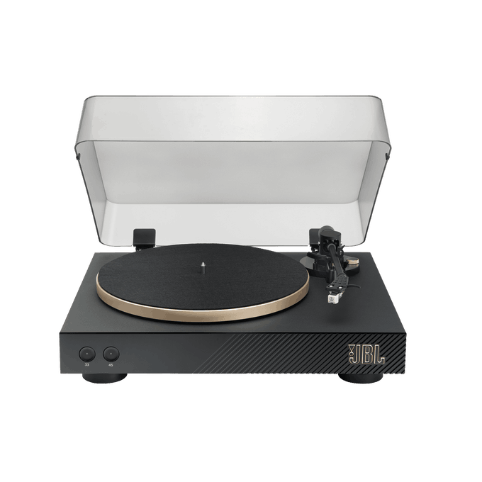 Tocadiscos JBL con cubierta transparente y base negra.