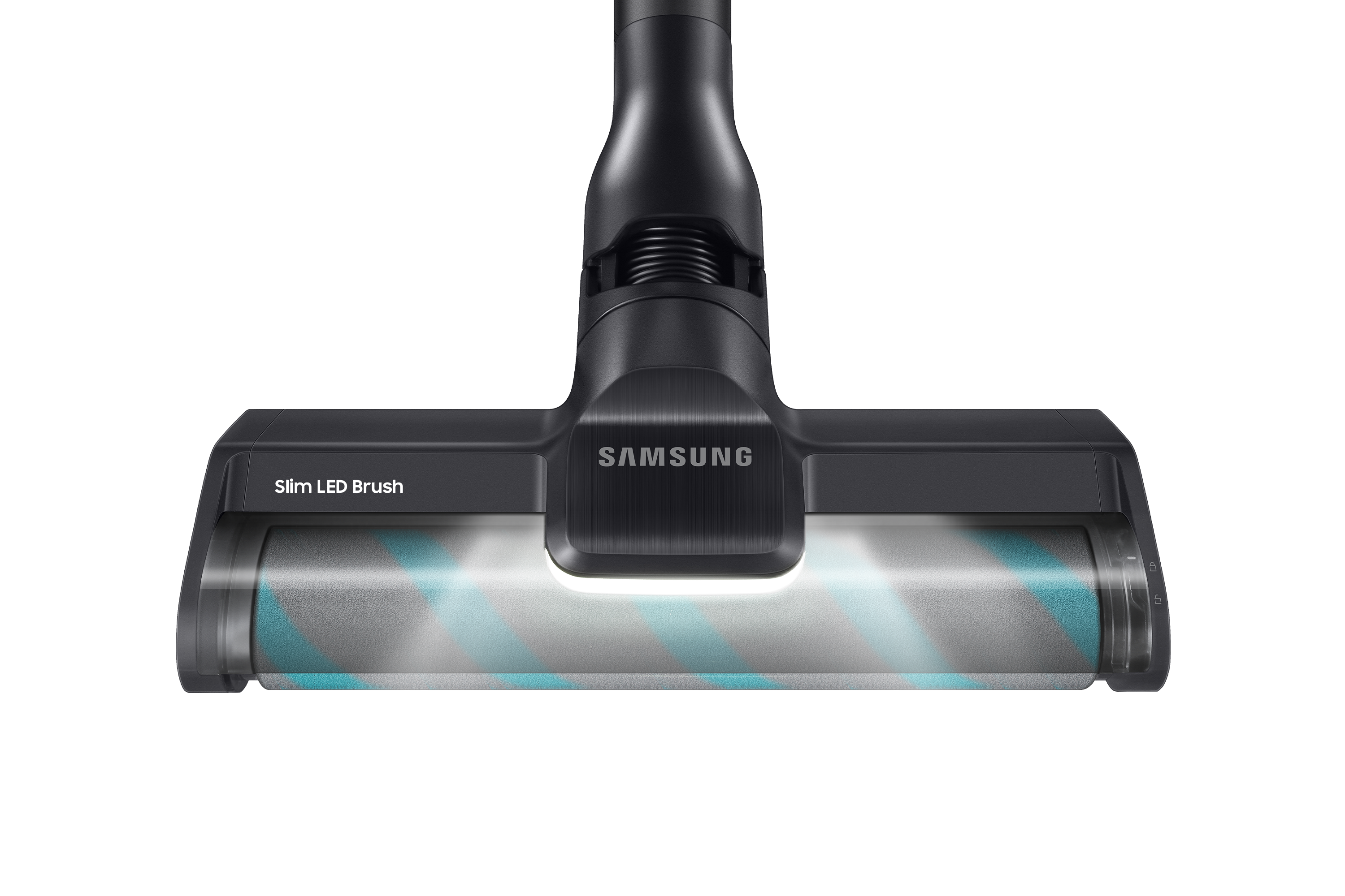 Zbliżenie czarnej głowicy odkurzacza z marką SAMSUNG.