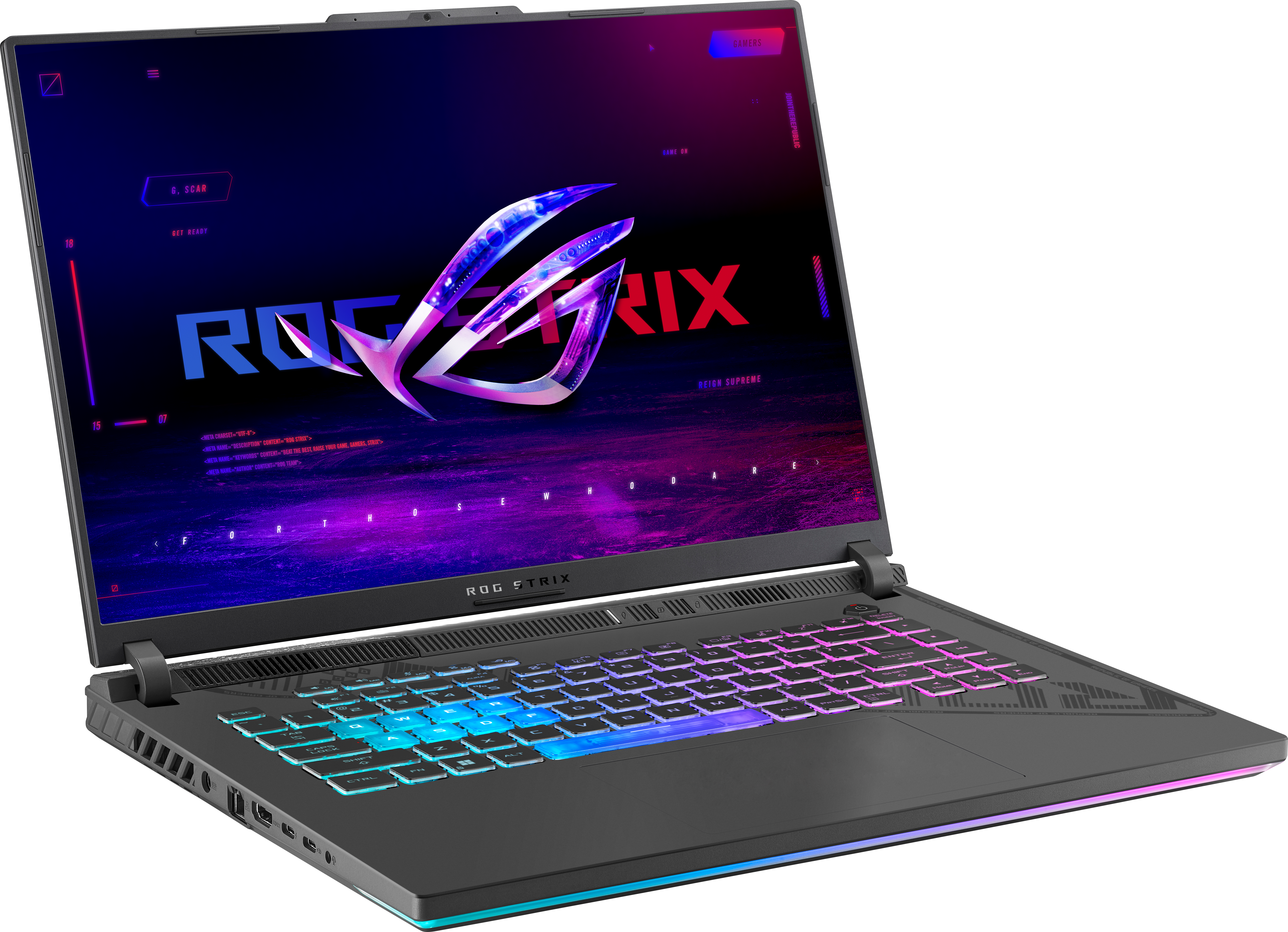 Ein offener ROG Strix Laptop. Der Bildschirm zeigt eine farbenfrohe Grafik und die Tastatur beleuchtete Tasten.